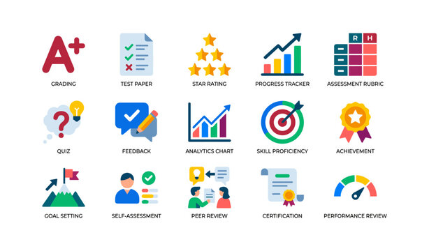 Assessment icons showing grading and analytics on white background
