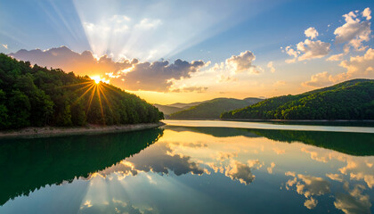 Fototapeta premium Golden Sunrise Over Serene Mountain Lake with Reflecting Sky.