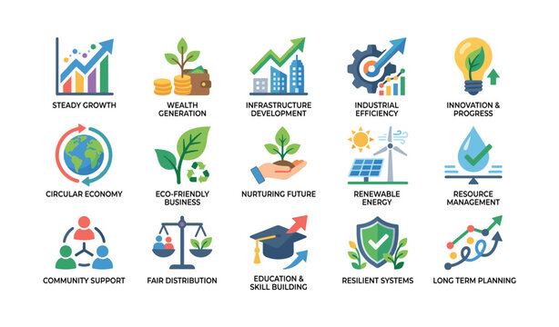 Sustainability and growth concepts depicted in icon grid