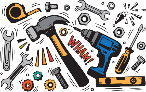 Professional tools set with hammer drill wrench and mechanical hardware on transparency.