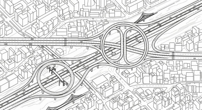 Aerial view of a complex highway interchange with multiple lanes and overpasses.