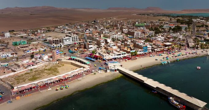 Tourist town of Paracas, showing the waterfront promenade, long pier, and beach on Pacific coast of Peru. Aerial backward, panoramic view