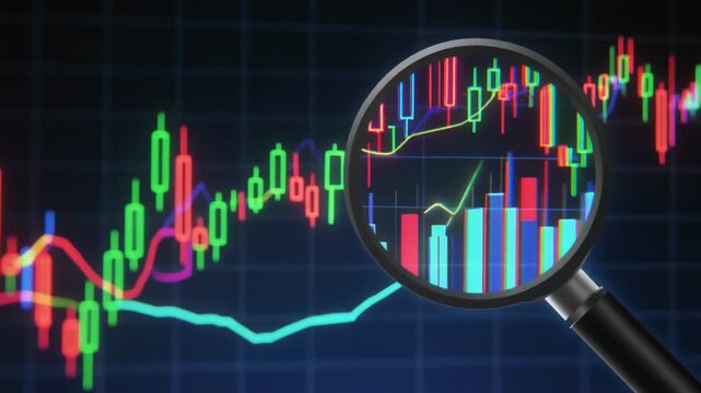 Magnifying glass zooms on digital financial chart animation, highlighting volatility, opportunity, and professional market analysis with neon energy effects