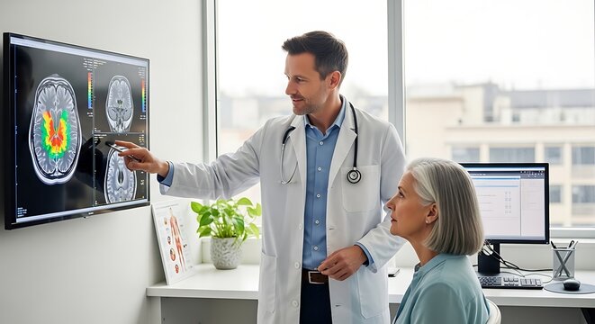 Professional healthcare scene for World Multiple Sclerosis Day showing a doctor explaining brain scan results to a patient, highlighting diagnosis, care, and medical support for neurological condition