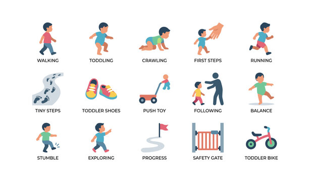 Toddler movement and development icons arranged on white background