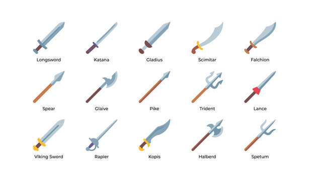 Various swords and polearms displayed in rows on white background