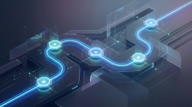 Abstract Technology Roadmap and Data Connection Network with Glowing Blue Circuits and Futuristic Interface.