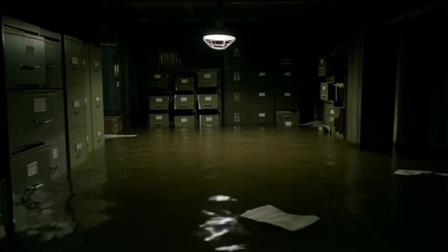 Slow haunting dolly shot through a flooded library basement with murky water reflecting light flashes from a broken ceiling lamp onto submerged cabinets and floating papers, lost knowledge atmosphere