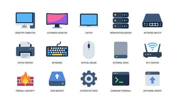 Computer hardware and network icons arranged in grid on white