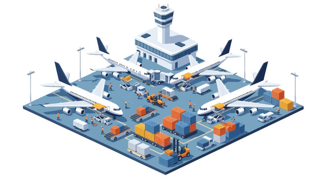 Isometric illustration of a busy airport with planes and vehicles on a blue tarmac with orange details.