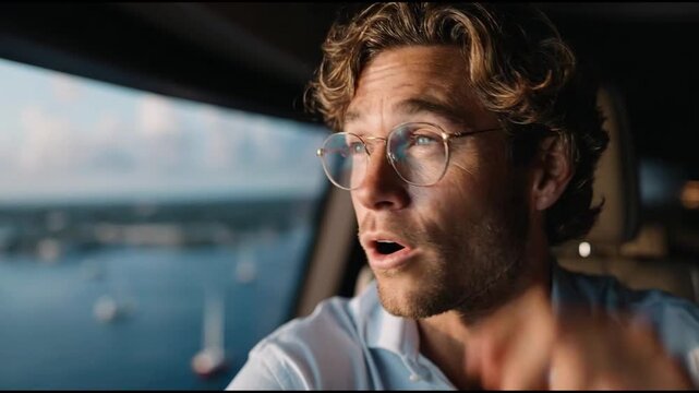 Captivated Passenger: A thoughtful individual gazes out the window, observing the waterside landscape, showcasing a contemplative expression and journey of introspection.