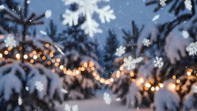A softly blurred winter scene showcases snow-covered trees adorned with twinkling lights, evoking a sense of cozy holiday magic.