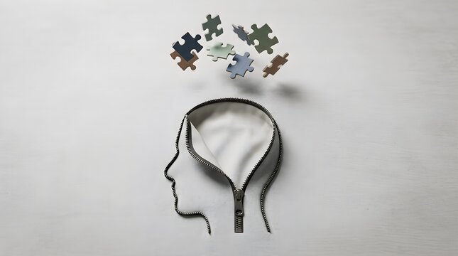 Human Mind Concept with Zipper Head Outline and Floating Puzzle Pieces for Mental Health and Problem Solving.