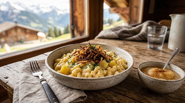 Rustic Swiss pasta dish served with applesauce in mountainous cabin  