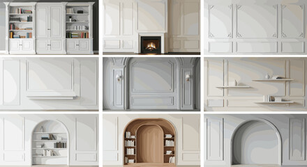 Collection of classic interior wall designs featuring decorative molding arched bookshelves built in cabinets and elegant fireplace mantels for modern home architectural decoration projects © Mahsina