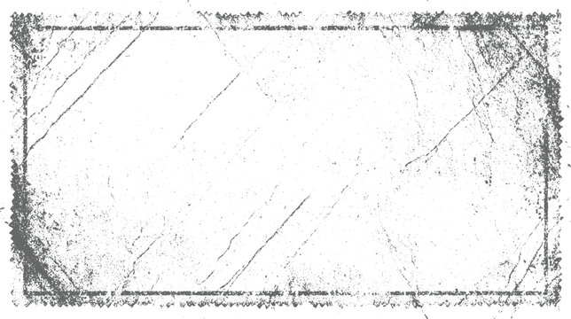 Distressed grunge rectangular frame with rough textured edges and diagonal scratch marks on white background