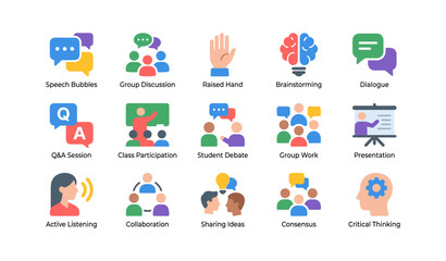 Fototapeta premium Communication and collaboration icons displayed in a white grid