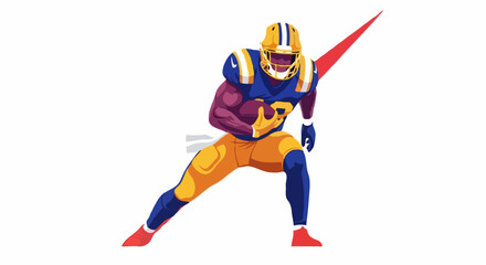 Fototapeta premium An American football player in a yellow and blue uniform running with the ball. He is wearing a helmet and pads and is in a dynamic pose, ready to score