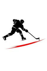 Fototapeta premium Minimalist hockey poster: a black silhouette of a hockey stick striking a small puck, with a sharp red streak showing the shot direction on a white background.