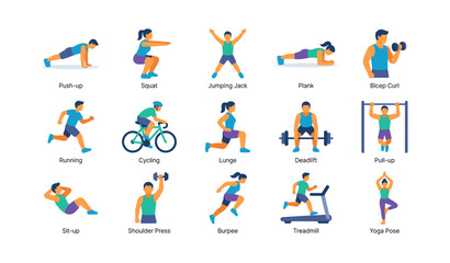 Fototapeta premium Fitness exercise icons showing workout moves in grid