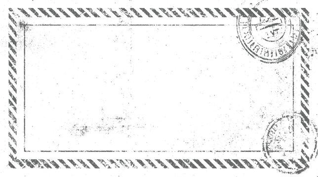 Distressed grey rectangular frame with diagonal stripes and circular postmarks on white background with speckles