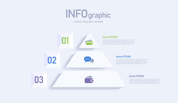 Modern minimalistic infographic template featuring 3D pyramid. Vector infographic template with 3 options or steps