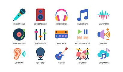 Fototapeta premium Music icons showing audio equipment and playback symbols on white