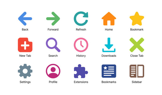 Browser navigation and toolbar icons arranged on white background