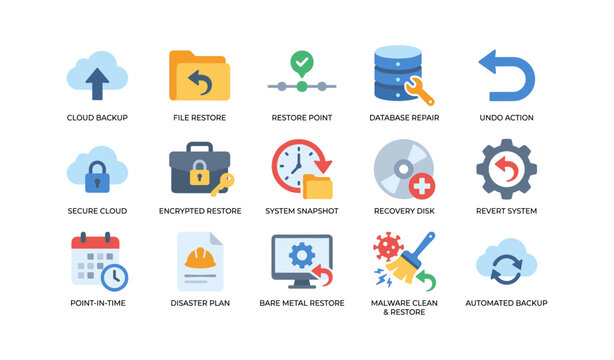 Flat icons representing backup and recovery on white background