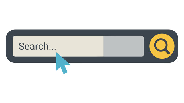 Illustration of a simple search bar with a cursor clicking inside the search field and a magnifying glass icon on the right side for web browsing.