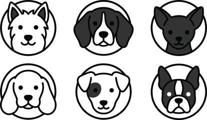 Fototapeta premium Six dog face illustrations in oval frames black and white line art