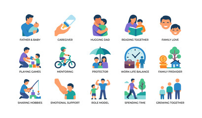 Fototapeta premium Fatherhood and family care icons arranged on white background
