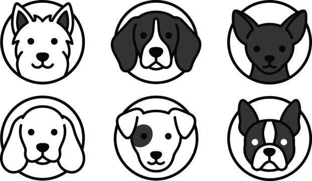 Six dog face illustrations in oval frames black and white line art