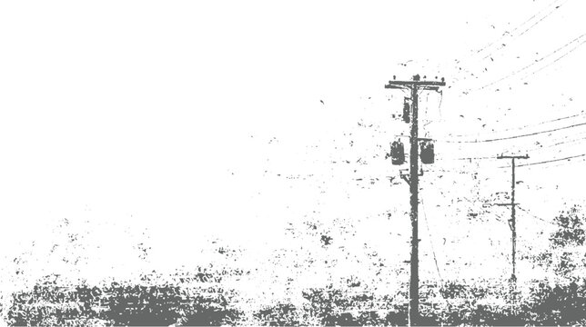 Gray telephone pole with transformers and overhead wires against a textured white sky electricity