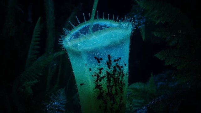 ウツボカズラ内部　蟻の群れ　生体発光風ブルーライト　夜間ドリー