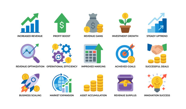 Business growth and revenue icons showing financial performance