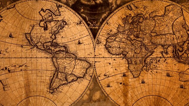 Old world map showing continents with decorative vintage design