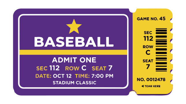A detailed baseball game admission ticket with a purple and yellow color scheme, displaying event details, seat information, and a barcode for entry.