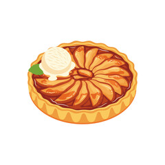 Apple tart decorated with fresh fruit slices and scoop of vanilla ice cream with green mint leaf on white background isolated illustration for bakery cafe menu and dessert concept vector graphic set. © Onik Studio