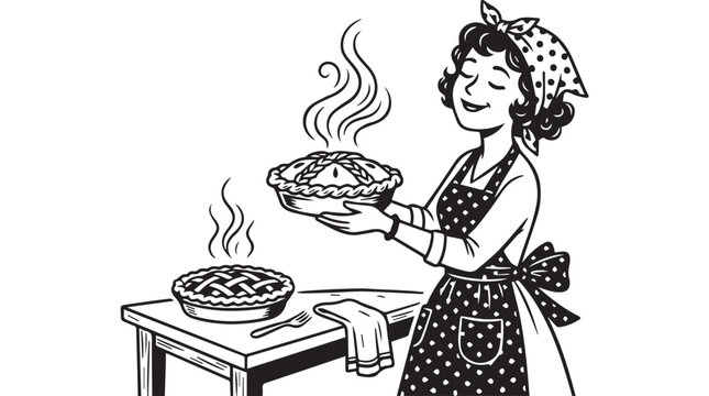 A joyful woman wearing a retro apron and headscarf proudly holds a freshly baked pie with steam rising from it on a kitchen table.