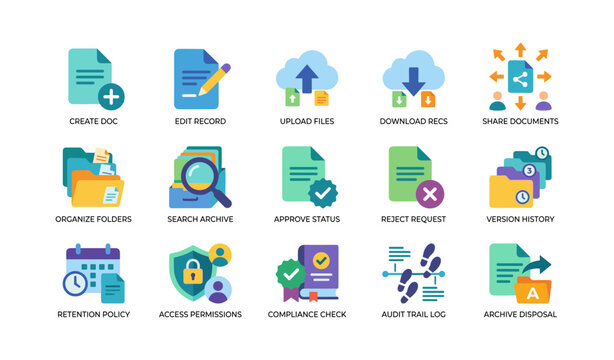 Document workflow icons showing cloud upload download and sharing