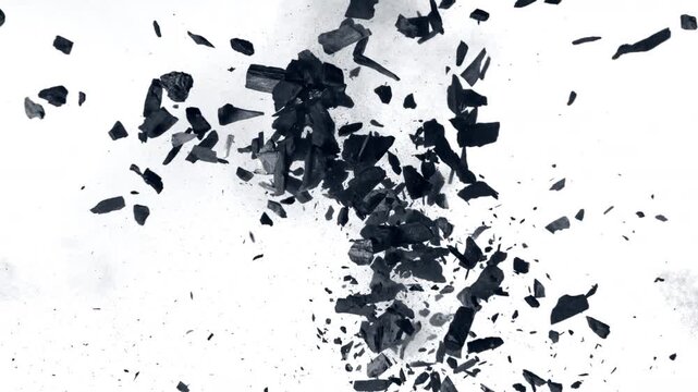 Super Slow Motion Flying and Colliding Charcoal Isolated On White Background at 1000 fps.