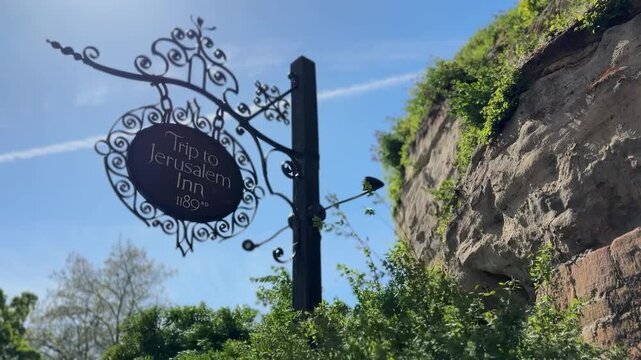 View of the Ye Olde Trip to Jerusalem sign outside Nottingham&rsquo;s oldest pub, located in Nottingham, Nottinghamshire, East Midlands, England. A historic British landmark.