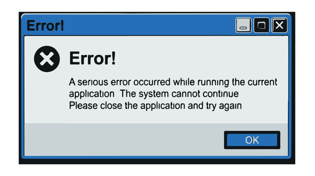 Close up of a critical system error popup on a computer screen, ideal for tech troubleshooting, IT support, and software failure concepts.