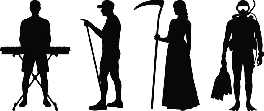 People silhouettes set with musician keyboard player hiker grim reaper and scuba diver isolated on white background