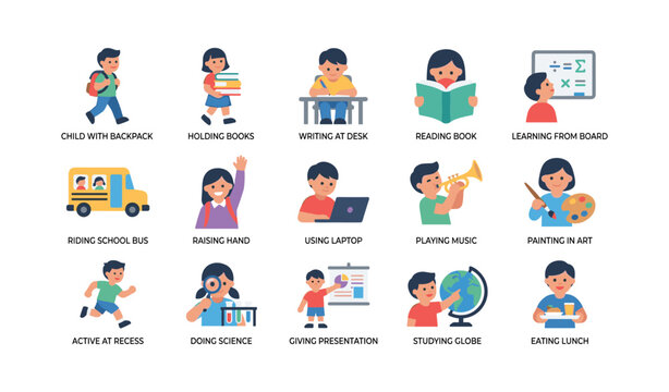 Children doing school activities arranged in grid layout