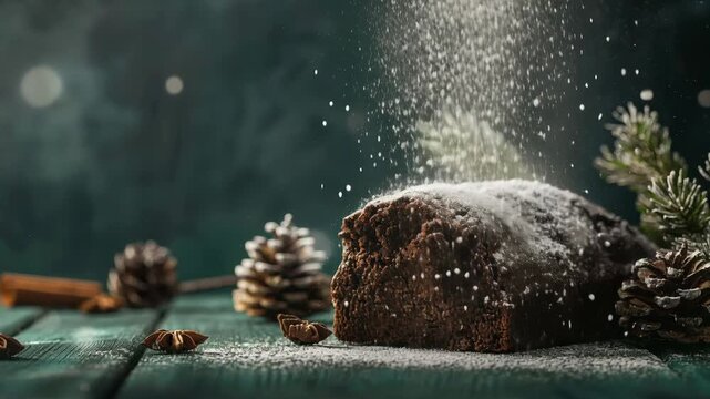 Christmas stollen cake covered with sugar powder falling like snow. Festive dessert on rustic wooden table with pine cone and spruce branch for holiday meal.