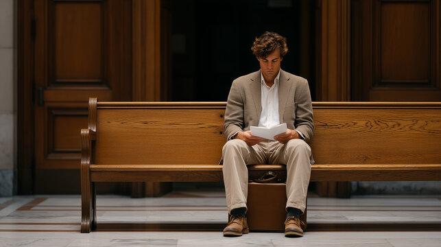Employment discrimination plaintiff sitting alone on courthouse bench outside sealed hearing room, legal aid pamphlet clutched in hands, scuffed briefcase beside feet on marble floor, muffled attorn
