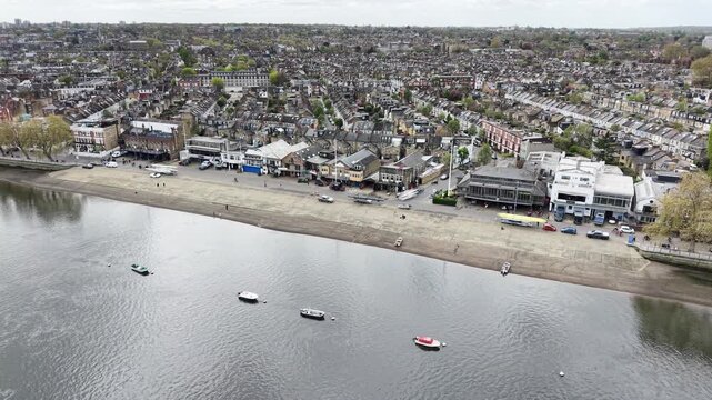 Rowing clubs in Putney West London on River Thames drone aerial view