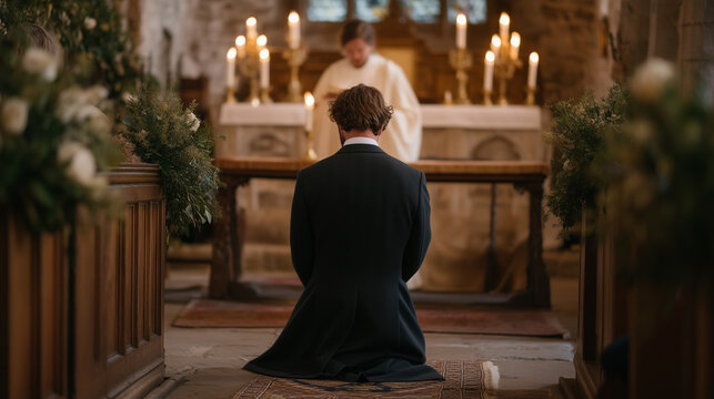 Videographer crouched low at ceremony aisle end, tracking groom's reaction through viewfinder as bride approaches, candlelit pillar candelabras flanking stone archway, pew-end florals swaying gently